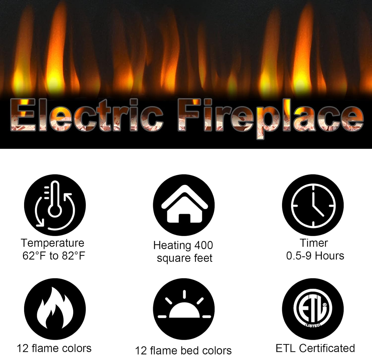 LITSDFM 37 inches Electric Fireplace Recessed and Wall Mounted Electric Fireplace Insert, Fireplace Heater with Timer, Remote Control, Adjustable 12 Flame Colors and 12 Flame Bed Colors, 750W/1500W