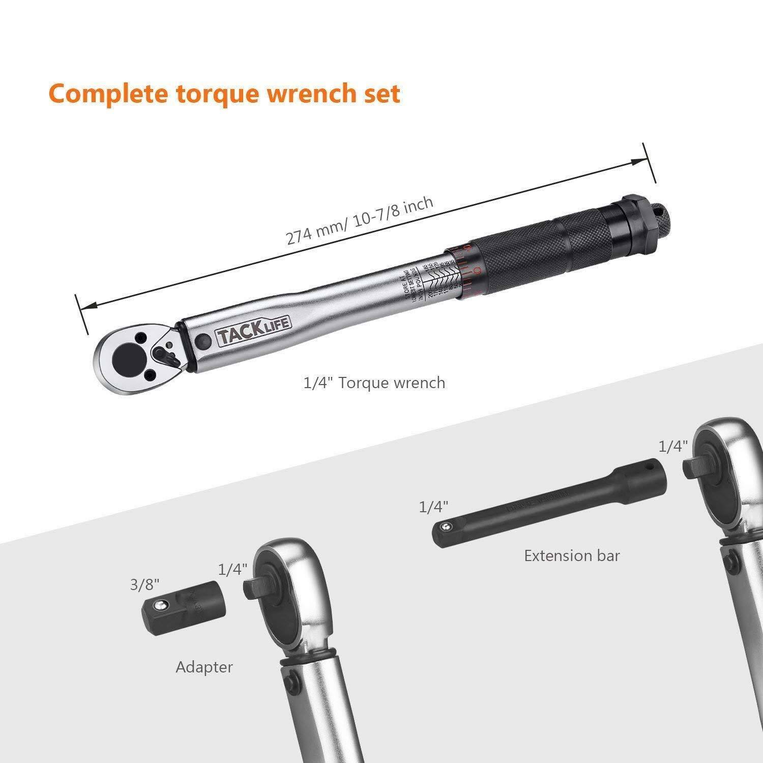 Tacklife 1/4x22 Drive Click Torque Wrench Set 3/8x22 Adapter, 2.95-Inch Extension Ba