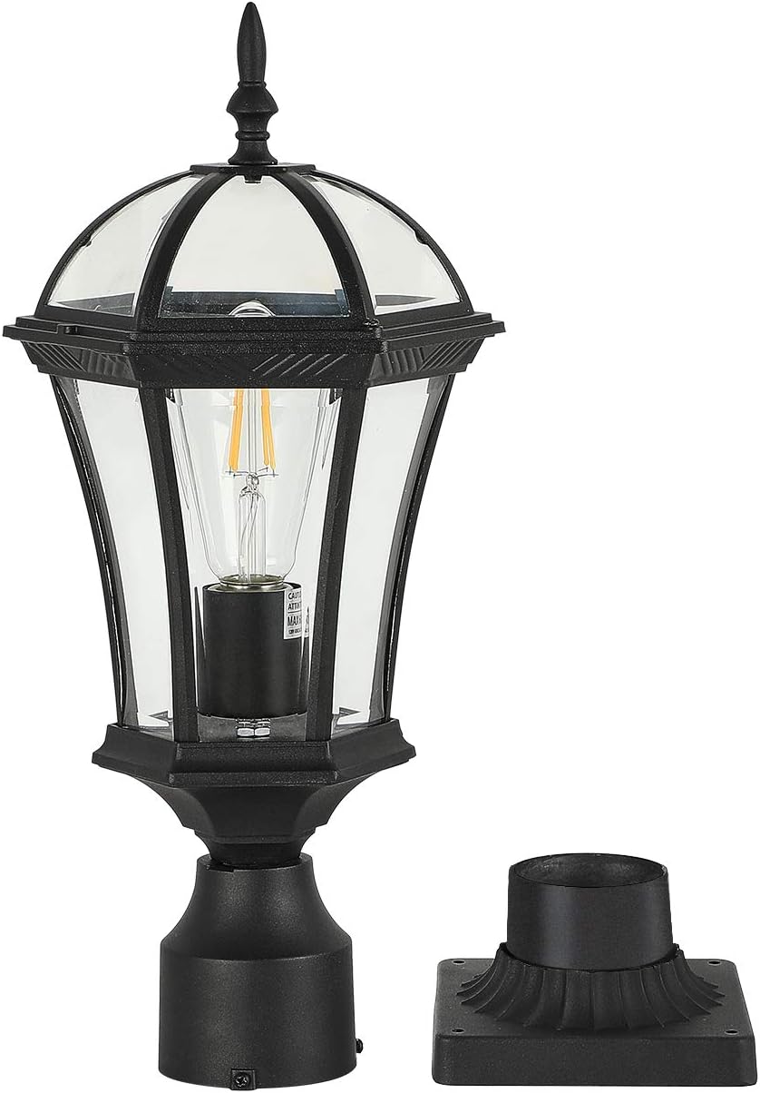 EREBJENH One Light Outdoor Post Mount Waterproof Pole Lantern Light Fixture Clear Glass Lampshade E26 Bulb Base,Matte Black Finish Exterior Post Light with Pier Mount for Garden,House,Porch