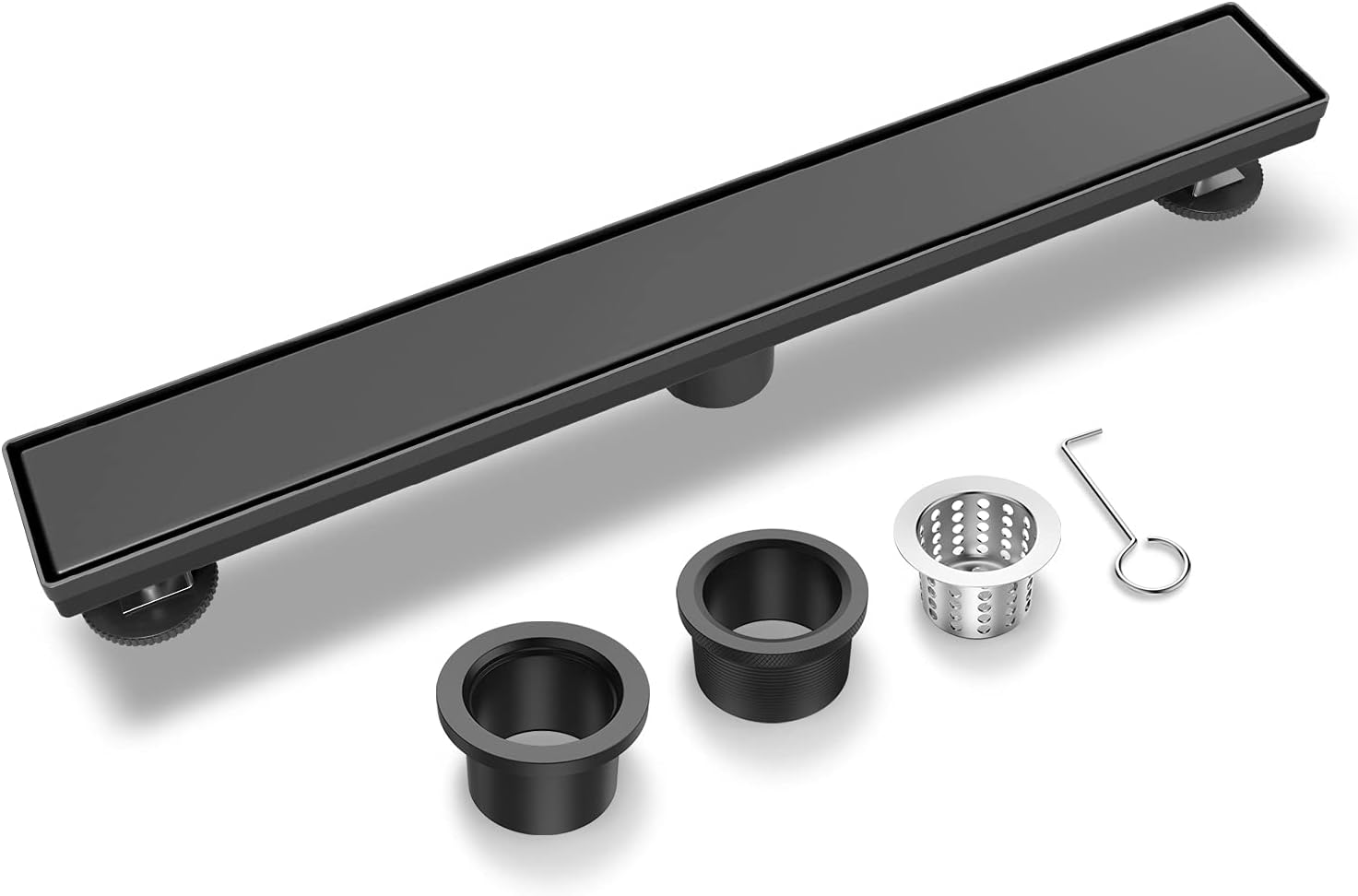 Linear Shower Drain 36 Inch Matte Black with 2-in-1 Flat & Tile Insert Cover, 304 Stainless Steel Rectangle Shower Floor Drain with Adjustable Feet, Threaded Adapter