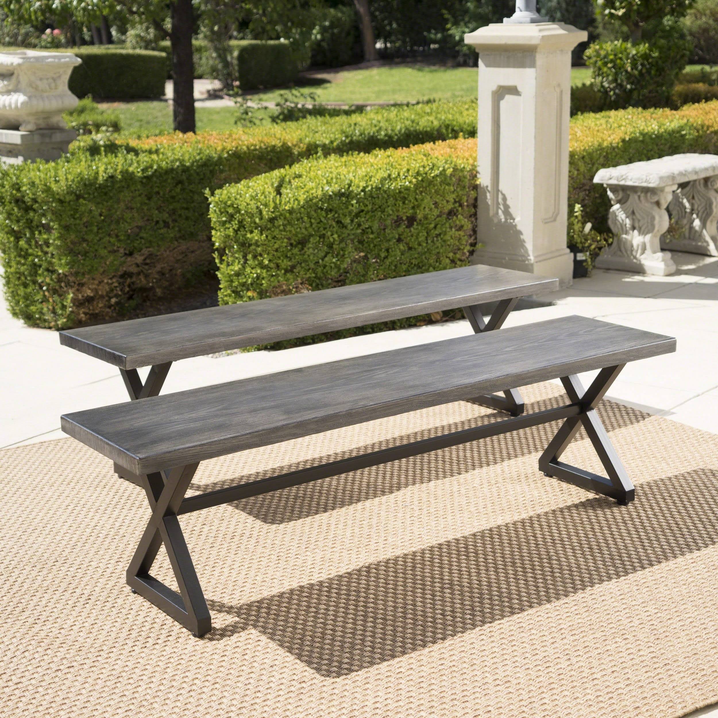 Rosarito Outdoor Aluminum Dining Bench with Black Steel Frame (Set of 2) Gray