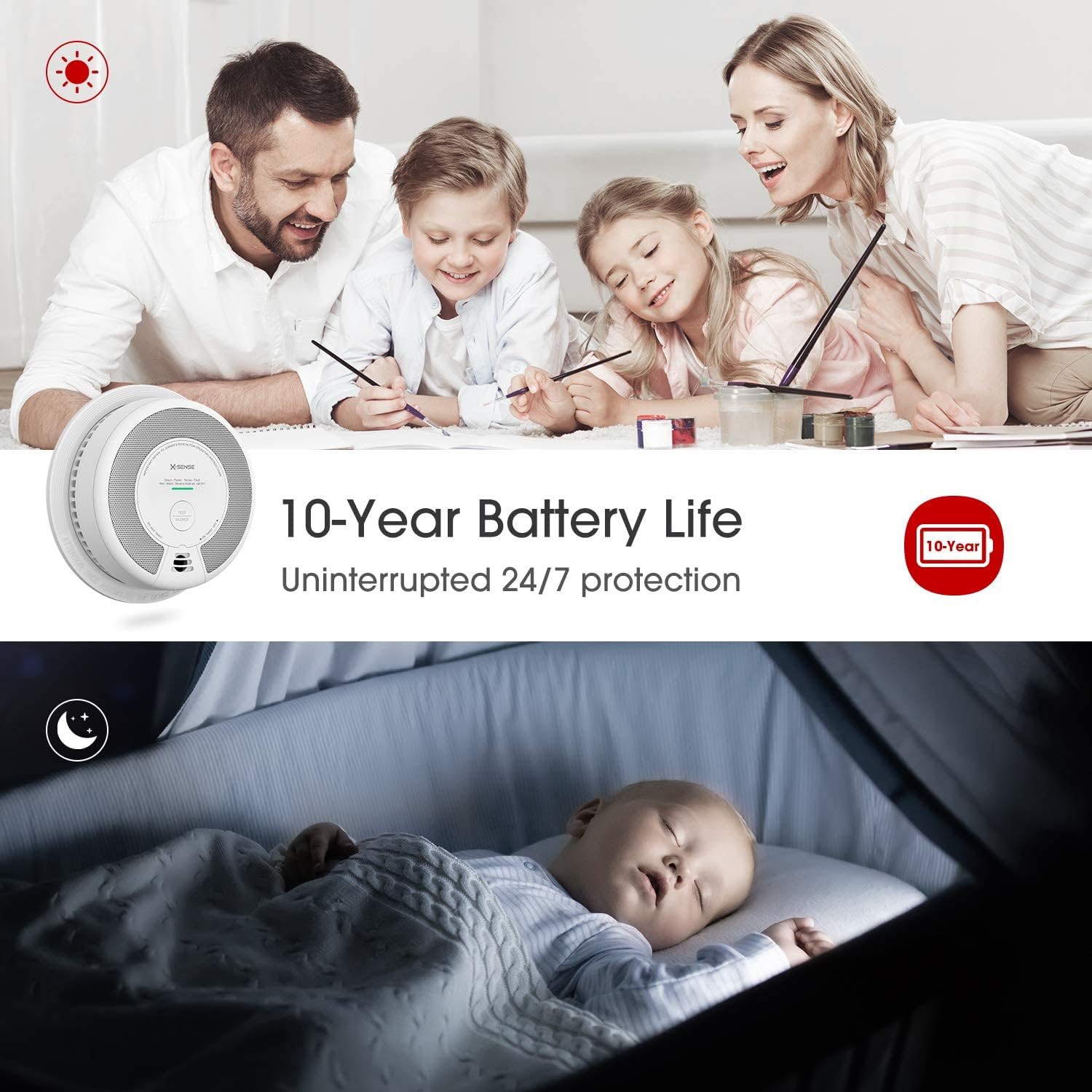 X-Sense Smoke Detector Alarm, 10 Years Battery-Operated Smoke and Fire Alarm with Photoelectric Sensor and Silence Button, SD06, 5-Pack