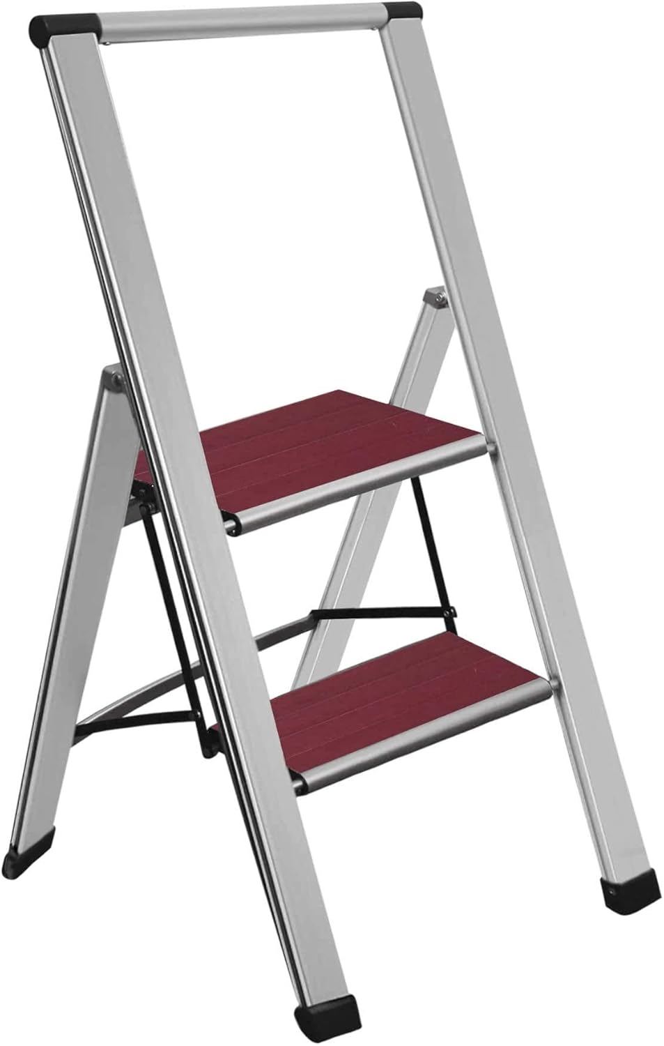 Sorfey Premium 3 Step Ladder Modern Mahogany. Lightweight,-Ultra Slim Profile, Anti Slip Steps, Sturdy-Portable for Home, Office, Kitchen, Photography Use, Black Aluminum Finish