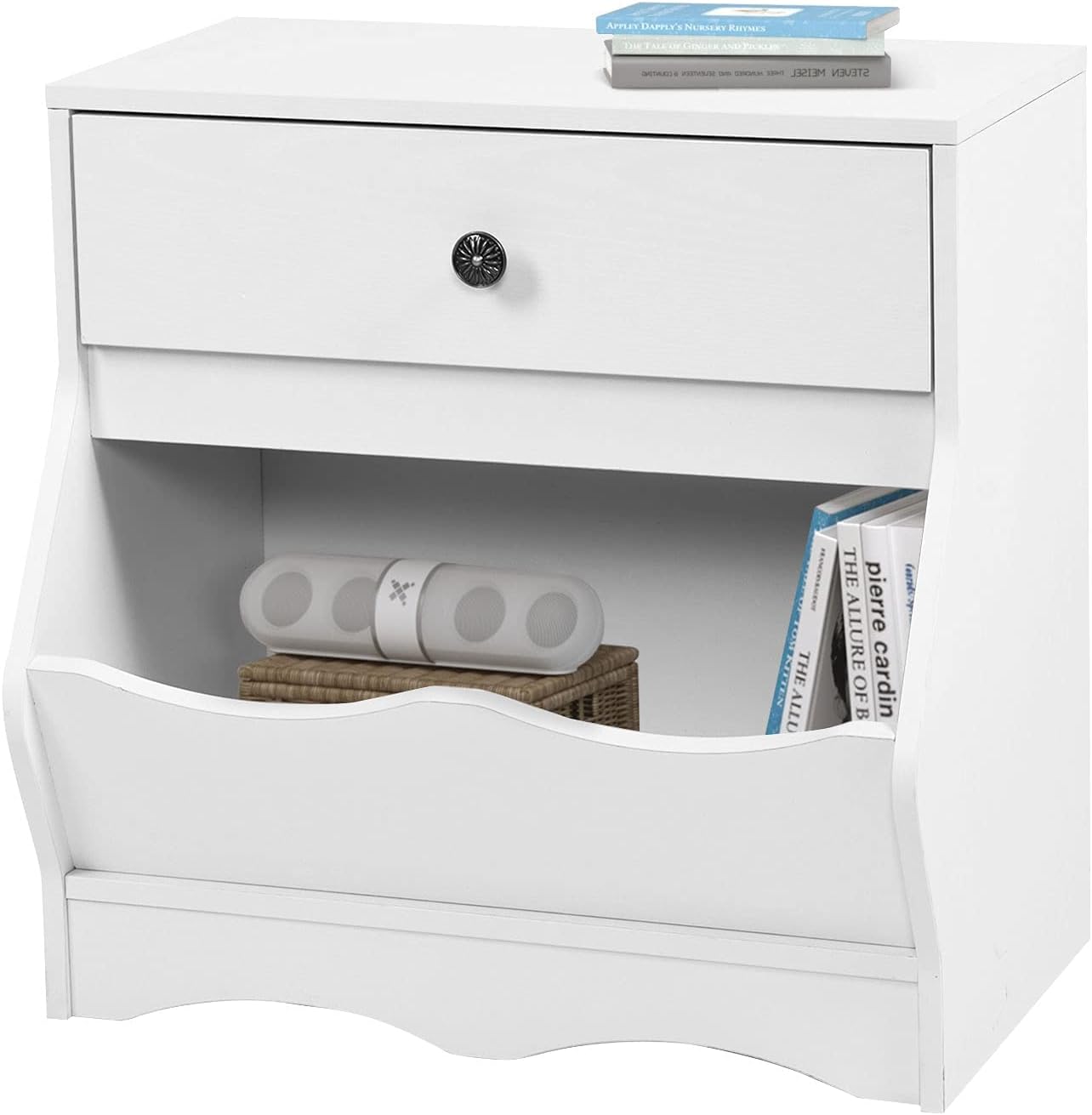 White Nightstand, Nightstand with Drawers and Storage Cubby, Wood Bedside Table with an Open Storage Organizer, Modern Side End Table, Wooden Accent Table, Night Stands for Bedroom, White, Set of 1