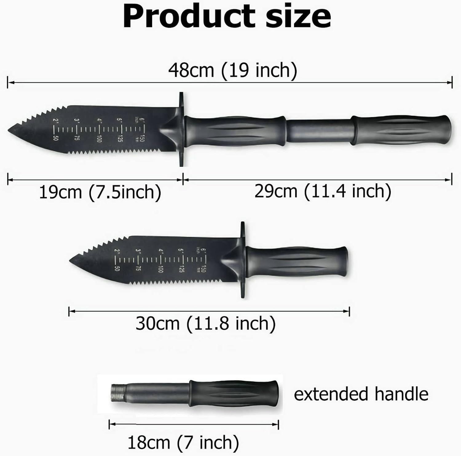 NUOSHIKE Metal Detector Digger Tool, 7.5 inch Blade, Heavy Duty Serrated Edge Digger with Extended Handle, Garden Knife with Sheath for Belt Mount (Black)