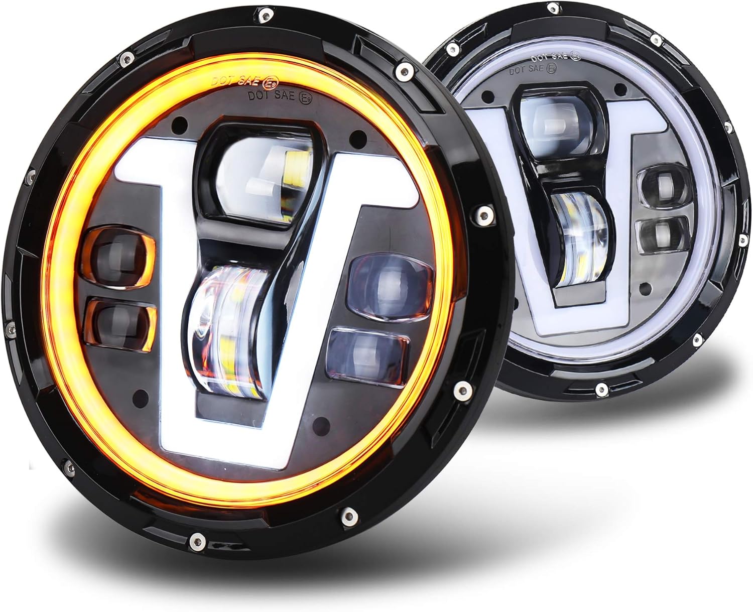 OVOTOR LED Headlights 7 inch with Halo Ring Amber Turn Signal Lights V Type White DRL Hi Lo Beam for Jeep Wrangler JK TJ LJ CJ Black