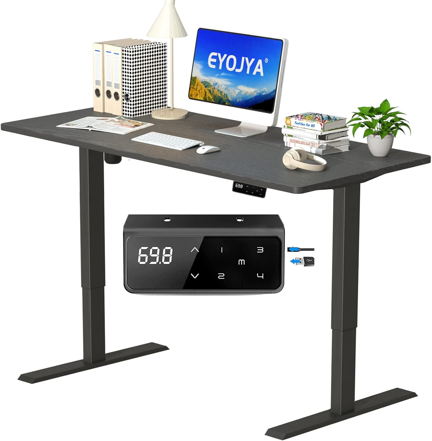 EYOJYA Electric Standing Desk 55 x 28 Inch Board EYO2 Adjustable Height Desk, Stand up Desk with 4 Memory Preset Controller Home Office Workstation Sit Stand Desk (Black Frame + 55 in Walnut top)