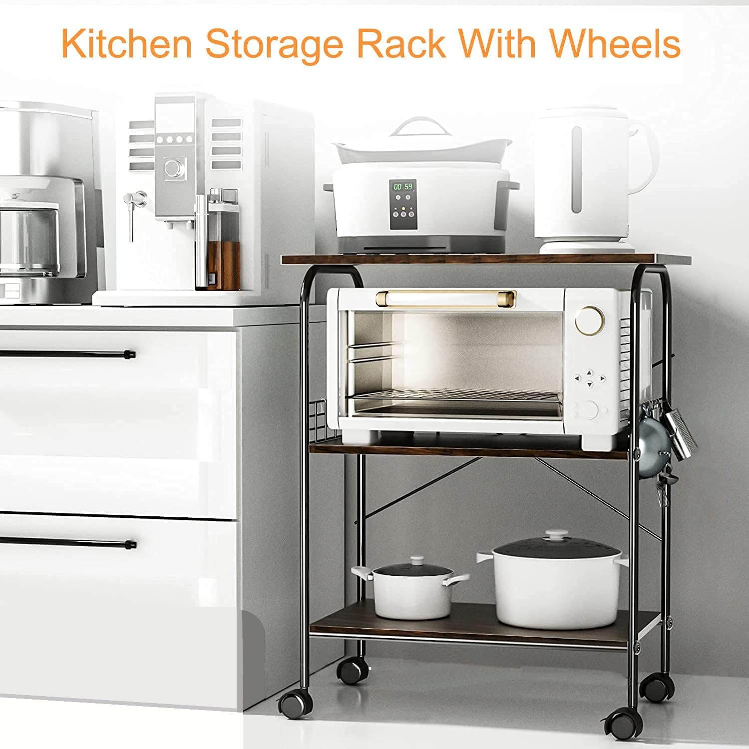 Kitchen Storage Shelf Rack Bathroom Shelf, 3-Tier DIY Storage Rack Multipurpose Shelf with Casters, for Kitchen, Living Room, Bathroom, Balcony, Rustic Look, Metal Wooden Combination (3-Shelf)