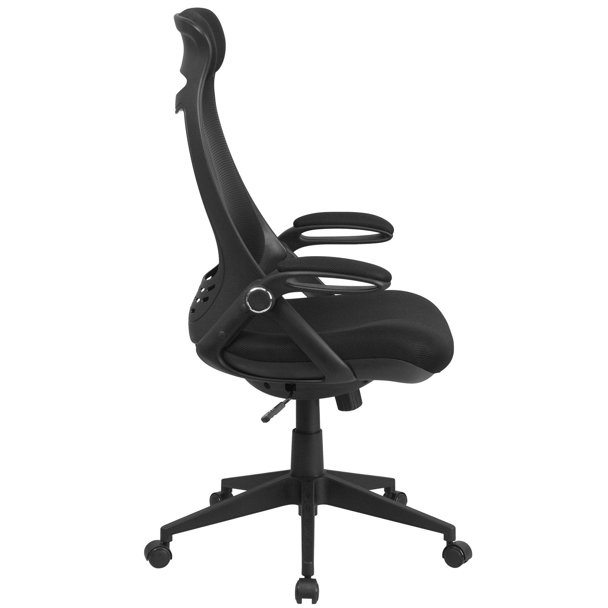 4' Black Professional High Back Swivel Office Chair with Flip-Up Arms