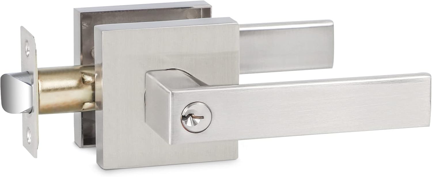 Contractor Pack of 10 Passage Door Handles Sets, Interior Door Knobs for Hallway/Closets Doors, Pantry/Storerooms, Durable Satin Nickel Finish Heavy Duty Square Door Handles Set