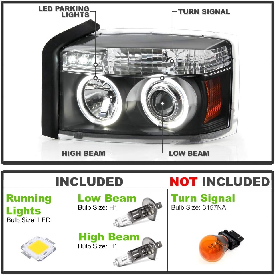 ACANII - For 2005-2007 Dodge Dakota LED Halo Ring Black Housing Projector Headlights Headlamps, Driver & Passenger Side