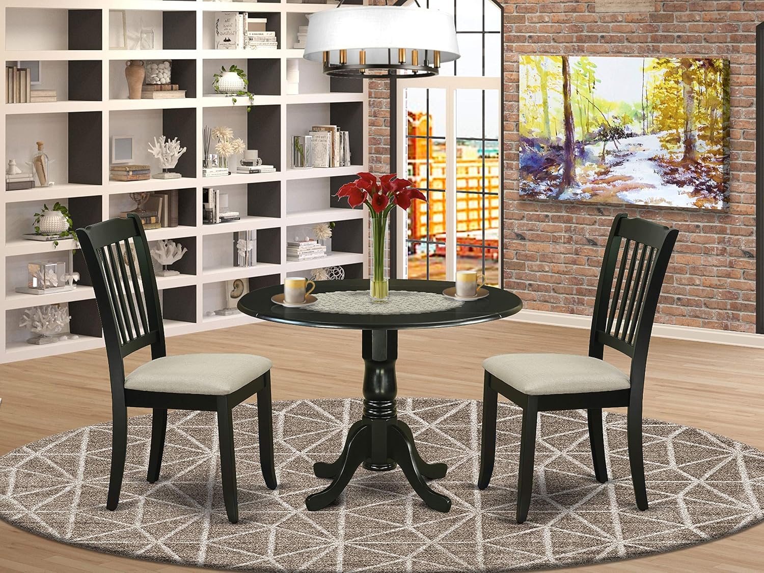 5Pc Dining Set Includes a Round Dinette Table with Drop Leaves and Four Vertical Slatted Microfiber Seat Kitchen Chairs, Black Finish