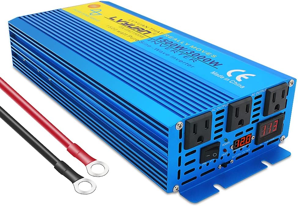 Cantonape 1500W Pure Sine Wave Inverter 12V to 110V 3000W Peak Power Converter DC to AC with LCD Display, Dual AC Outlets for Car Boat Truck RV Solar Power (Pure Sine Wave 1500W)