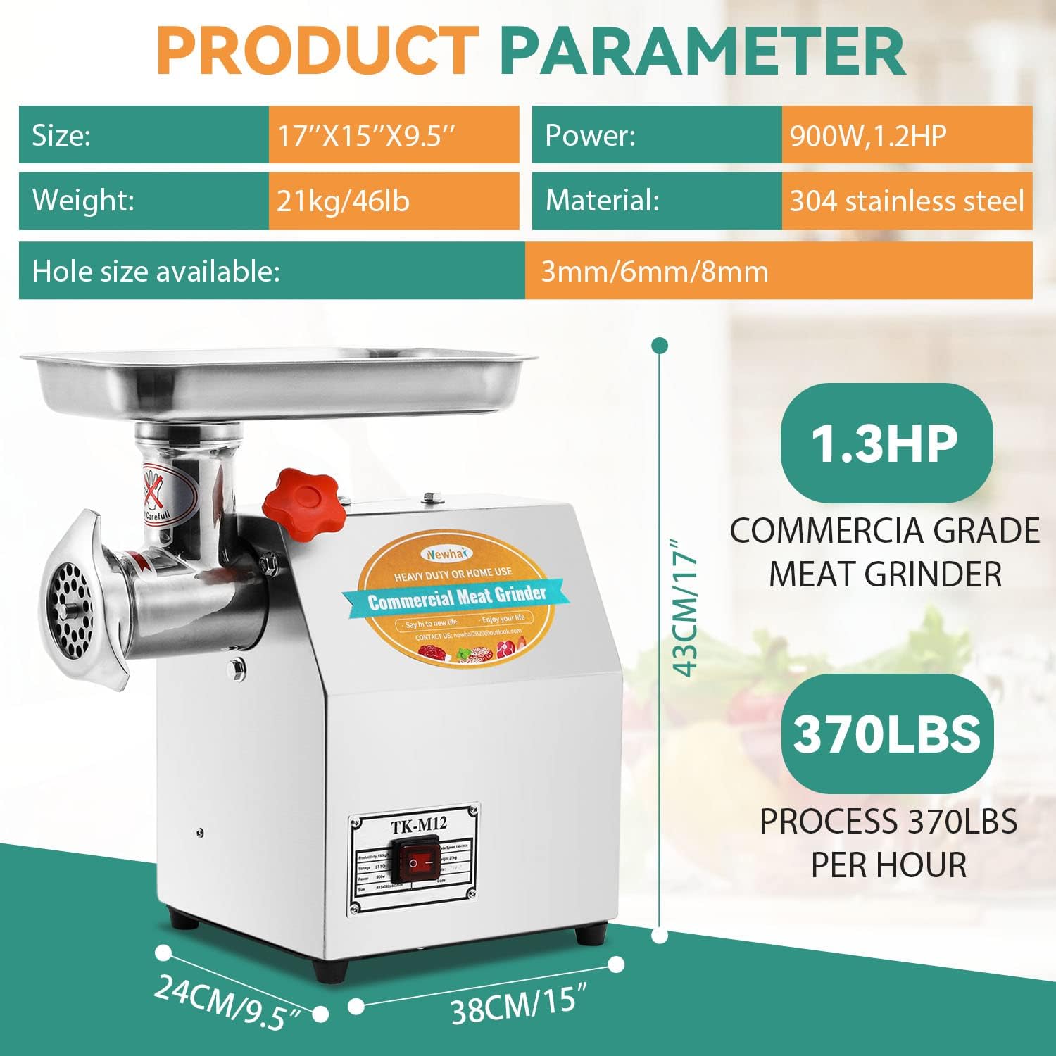 Newhai 1.2HP Commercial Meat Grinder, Electric Meat Grinding Machine, Heavy Duty Industrial Meat Mincer, Sausage Stuffer Grinding Plates Stuffing Tubes, Grinding Chicken Bones for Restaurant