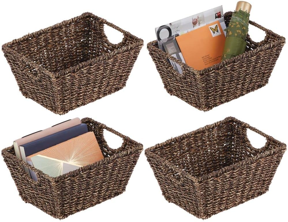 mDesign Natural Woven Seagrass Nesting Closet Storage Organizer Basket Bin for Kitchen Cabinets, Pantry, Bathroom, Laundry Room, Closets, Garage - 4 Pack - Dark Brown Pack of 2