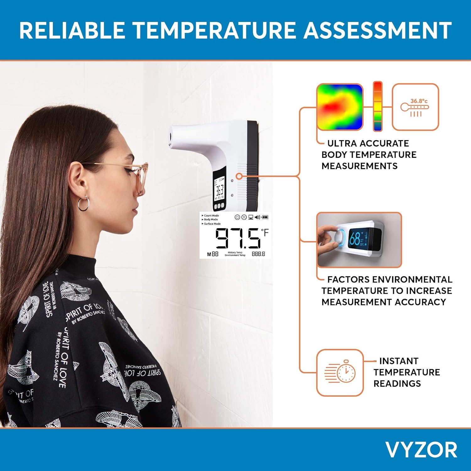 Wall Mounted Thermometer - Wall Mounted Infrared Forehead Thermometer Adult Non Contact Thermometers - Infrared Thermometer Digital Thermometer - Wall Mounted Touchless Thermometer