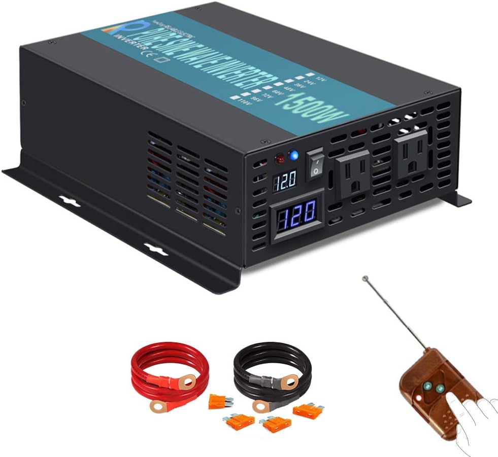 Reliable Pure Sine Wave Power Inverter 1500Watt 12V DC to 110V 120V with Remote Control Dual AC Outlets for CPAP RV Car Off Grid System