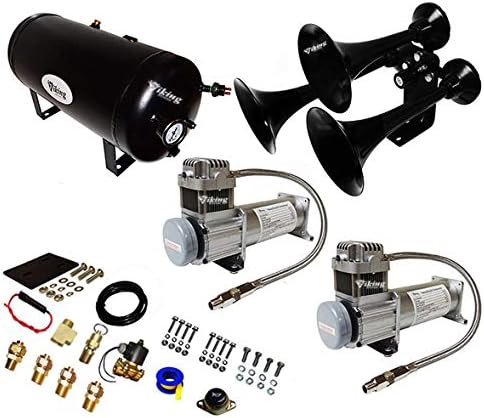 Viking Horns Super Loud 170 Decibels Three Horn Train Air Horn Kit, in Chrome or Black, with Dual 200 PSI Air Compressors V103C2X-6-12/307(B) (Black)