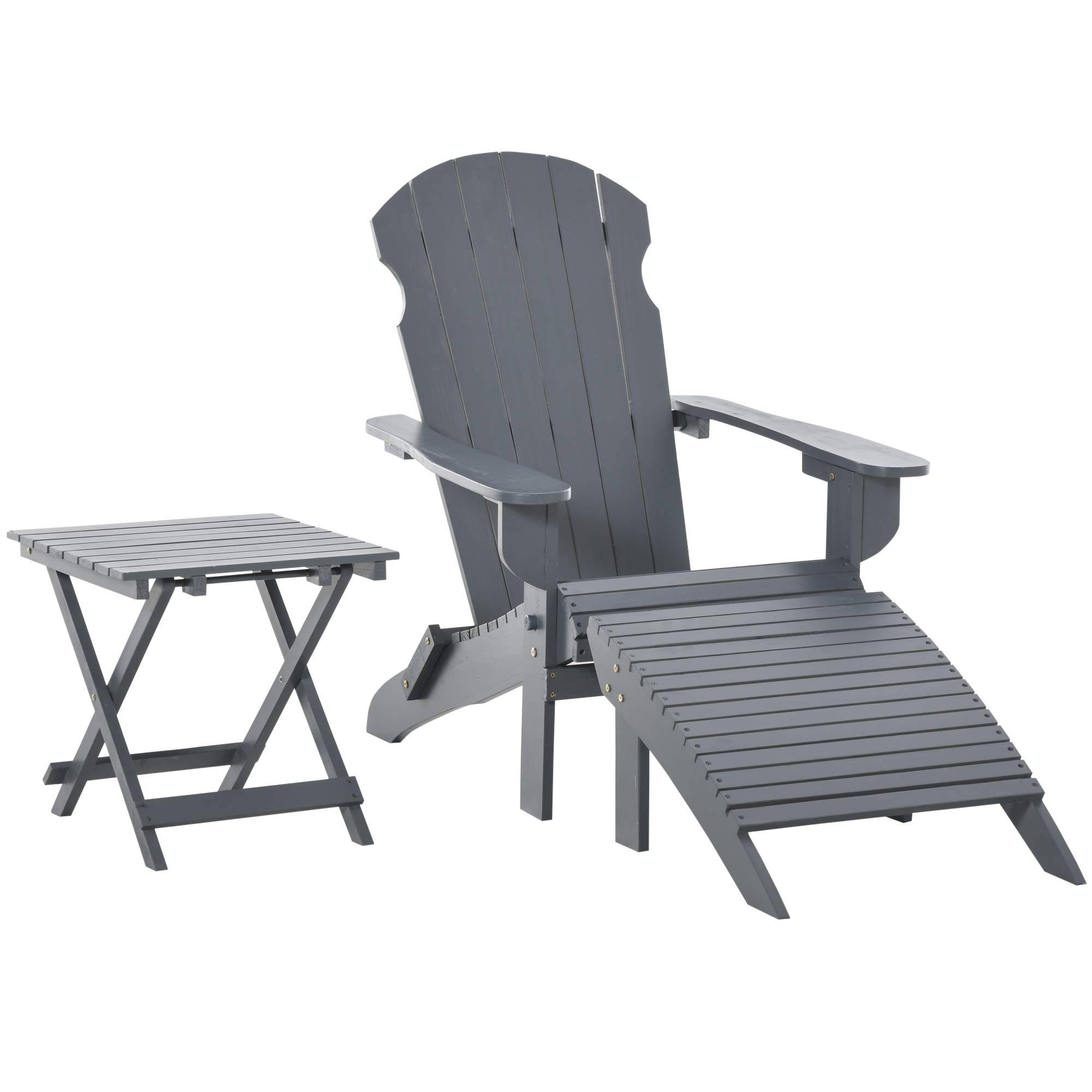 Outsunny 3-Piece Wooden Adirondack Chair Set with Comfort Ottoman u0026 Handy Side Table with Easy Folding Design, Grey