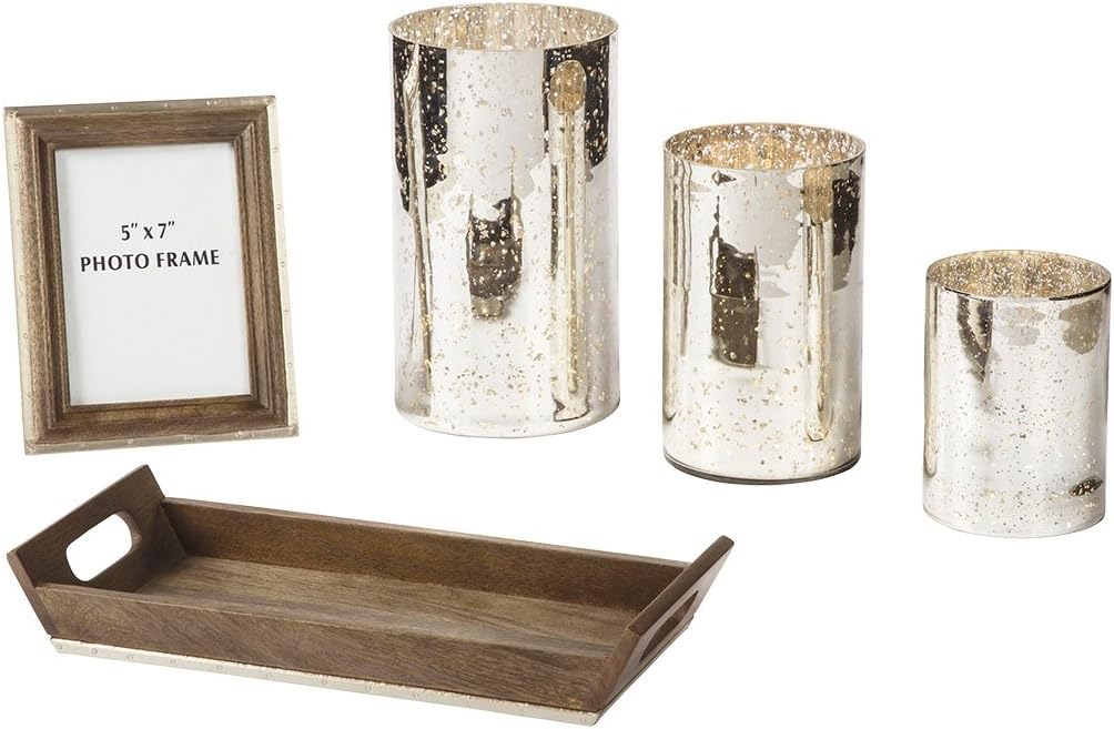 Signature Design by Ashley Destry 5 Piece Home Décor Set with Box, Candle Holders & Photo Frames, Silver Finish Pack of 2