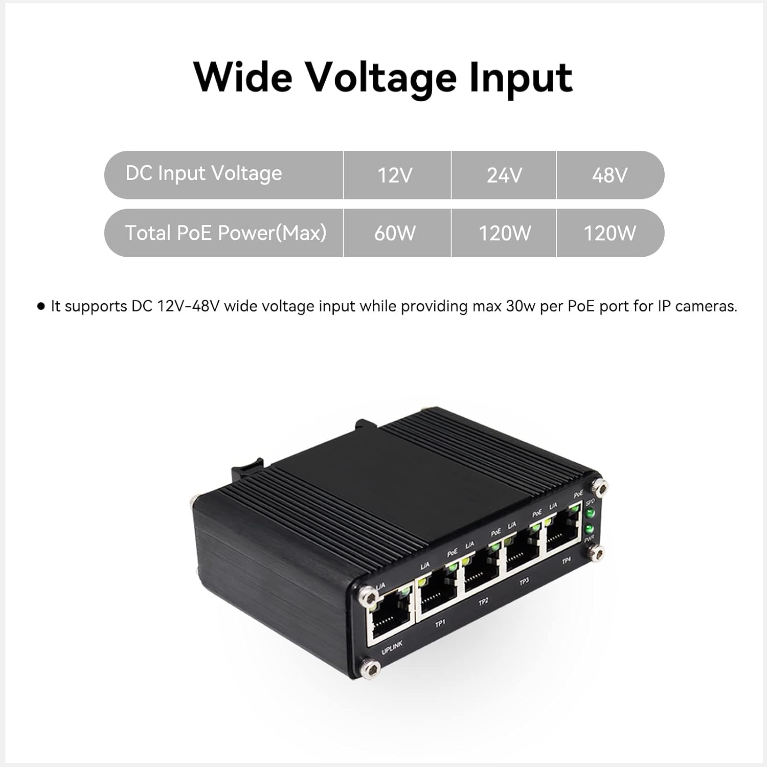 LINOVISION Industrial 5 Ports Gigabit Solar POE Switch with DC12V-48V to DC48V Voltage Booster,4 x IEEE802.3af/at 30W POE Ports @120W, IP40, Compact POE Power for Solar Power/RV Truck/VoIP Systems