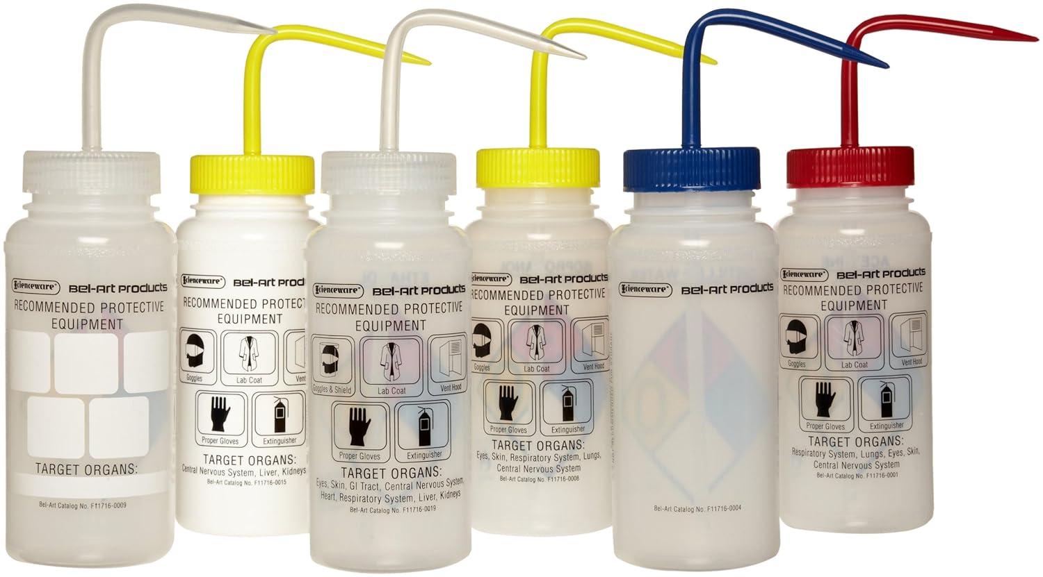 SP Bel-Art Safety-Labeled Assorted 4-Color Wide-Mouth Wash Bottles; 500ml (16oz), Polyethylene w/Polypropylene Cap, (Pack of 6) (F11716-0050) Pack of 2