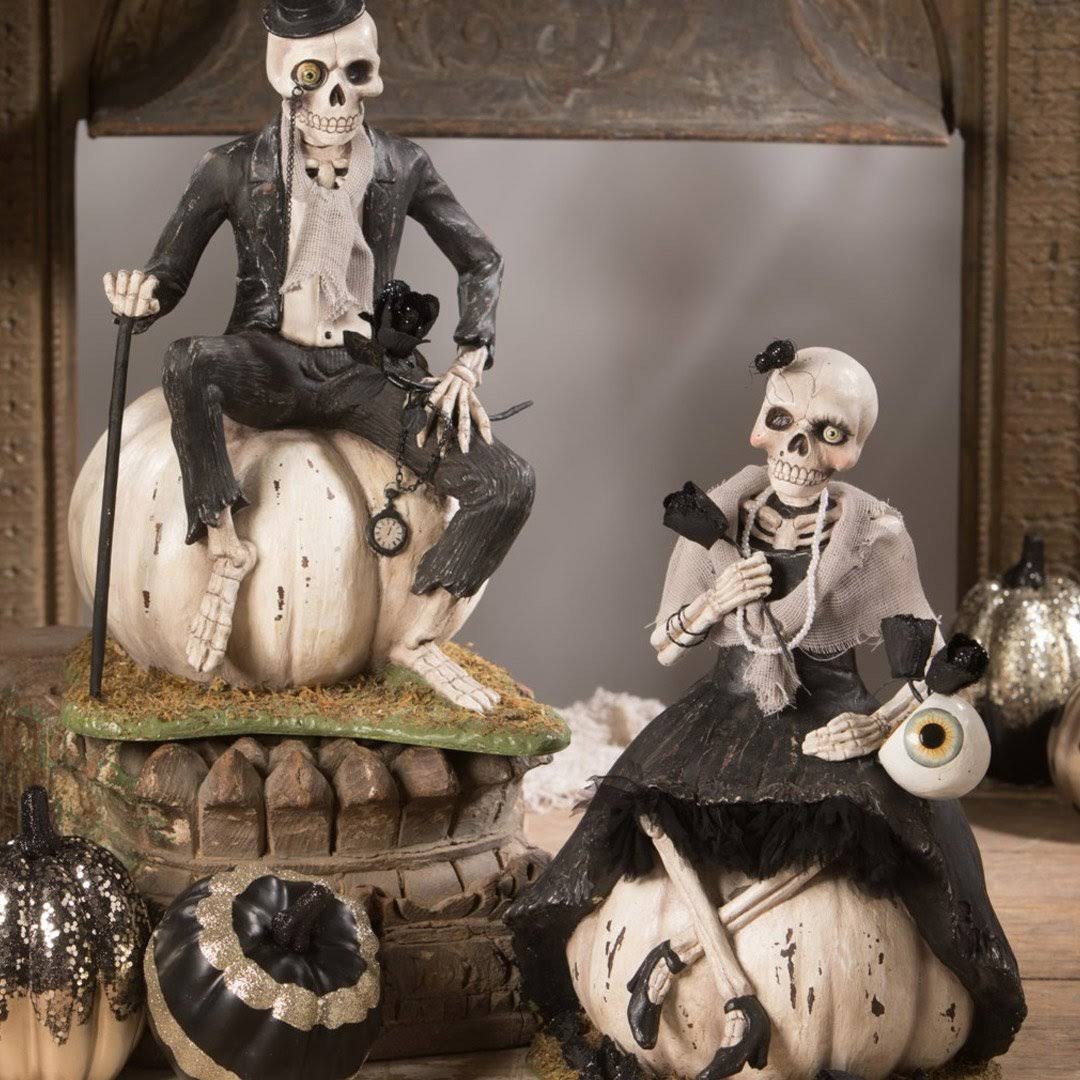 Bethany Lowe Miss Skeleton on Pumpkin, Black/White