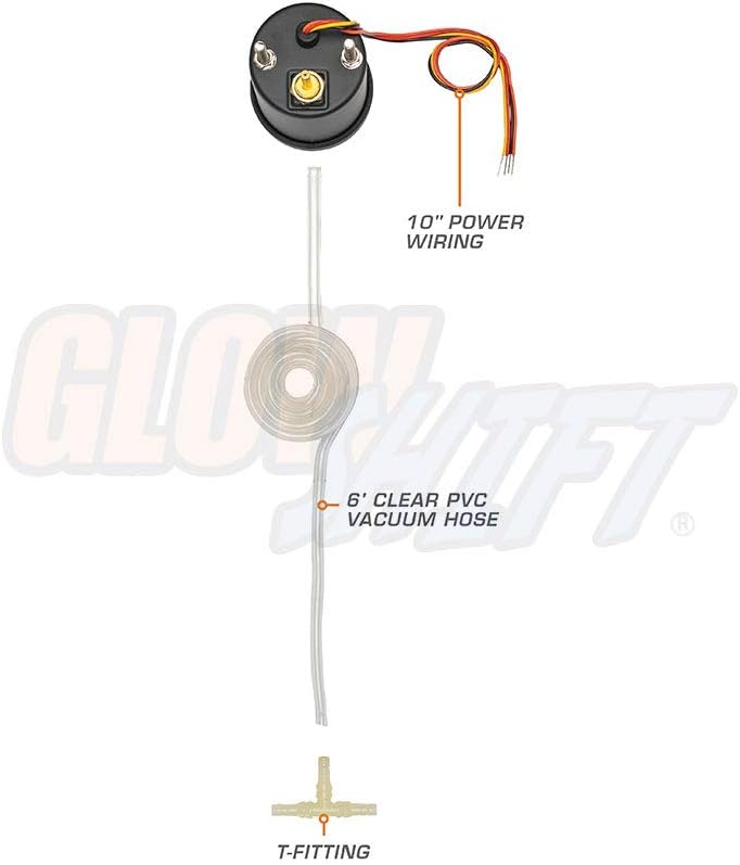 GlowShift Black 7 Color Vacuum Gauge Kit - Includes Mechanical Hose & T-Fitting - Black Dial - Clear Lens - 2-1/16