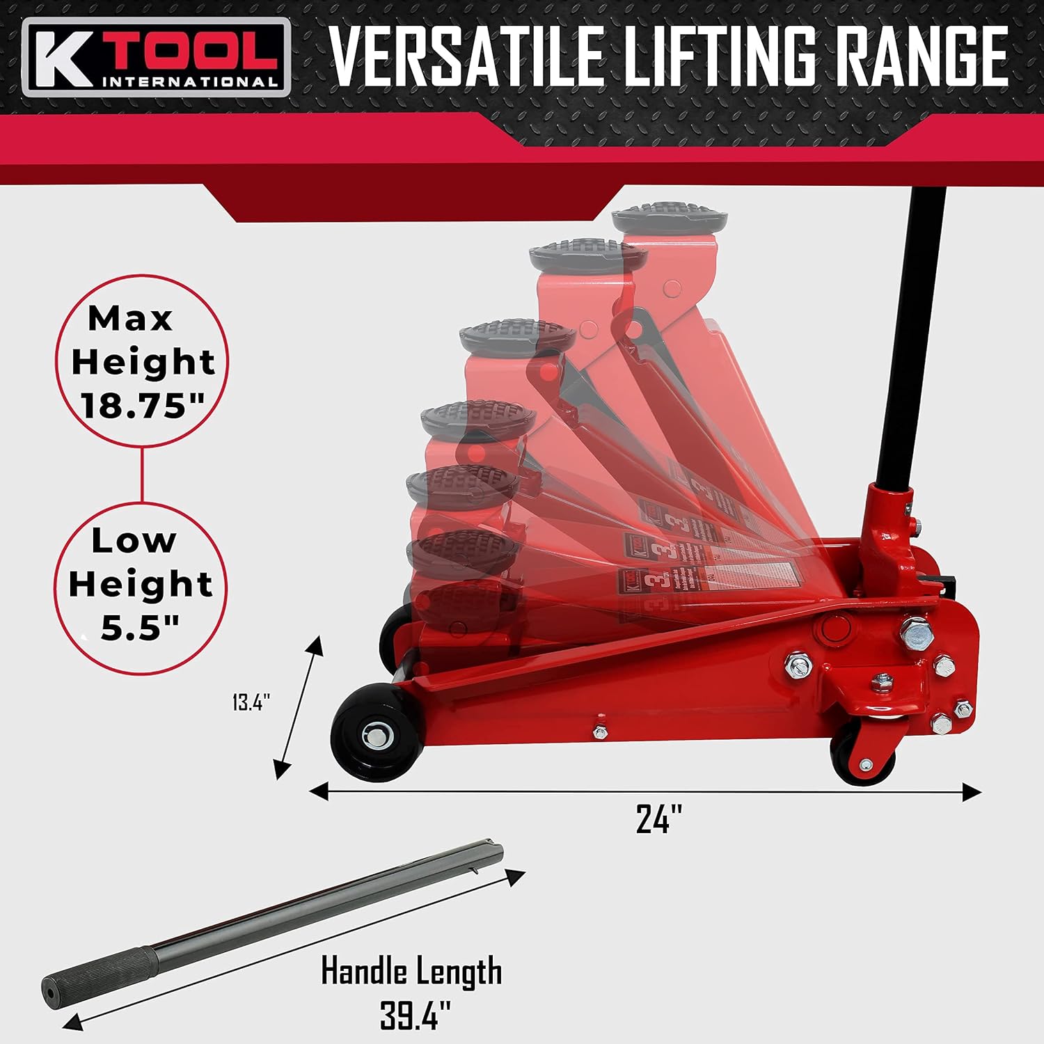 K Tool International 3 Ton Floor Jack Compact Service Jack Wide Lifting Range Jacks Cars and Truck, Swivel Rear Casters, Heavy Duty Steel, Premium Material KTI63131B