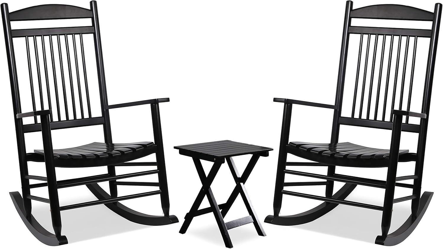 MUPATER Outdoor Rocking Chair Set 3-Piece Patio Wooden Rocker Bistro Set with Foldable Table and Curved Seat, Black