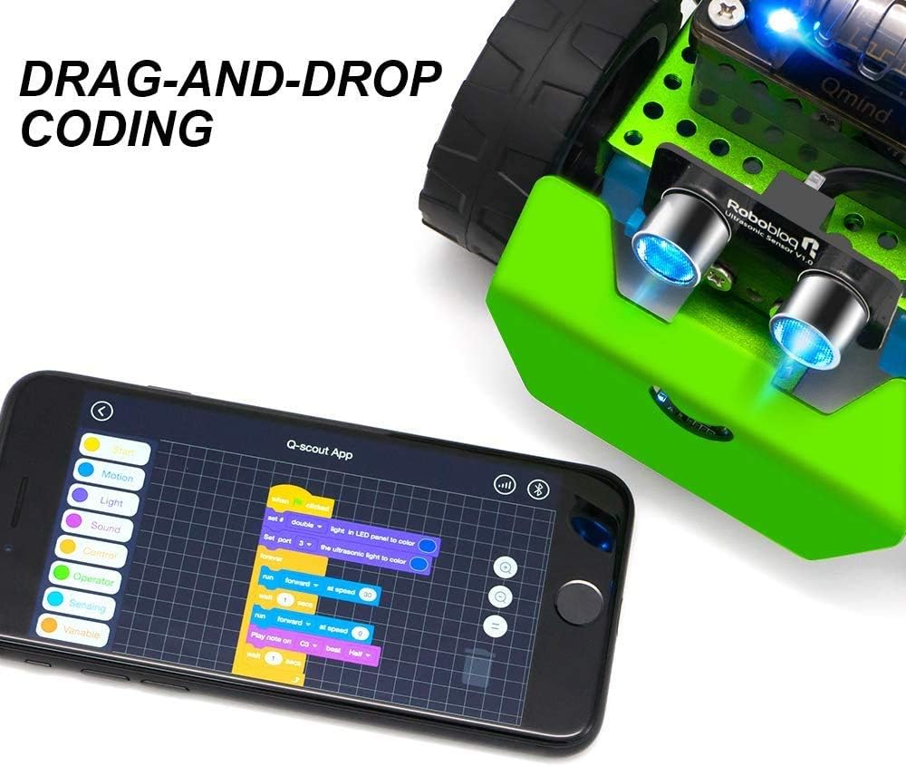 Robobloq STEM Metal Q-Scout Robot Mechanic Kit with Remote Control, Line Tracking, Ultrasonic Sensor, Music Playing for Kids Program Learning of Scratch, Arduino and Python(Basic Version)