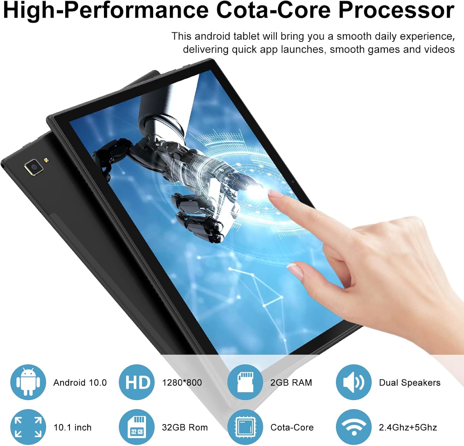 Tablet 10.1 Inch, Android Tablets, 32GB ROM 128GB Expand Storage, Octa-Core Processor, IPS HD Display, 5MP+13MP HD Dual Camera, 6000mAh Battery, WiFi, Bluetooth, GMS Google Certified Tablet(Black)