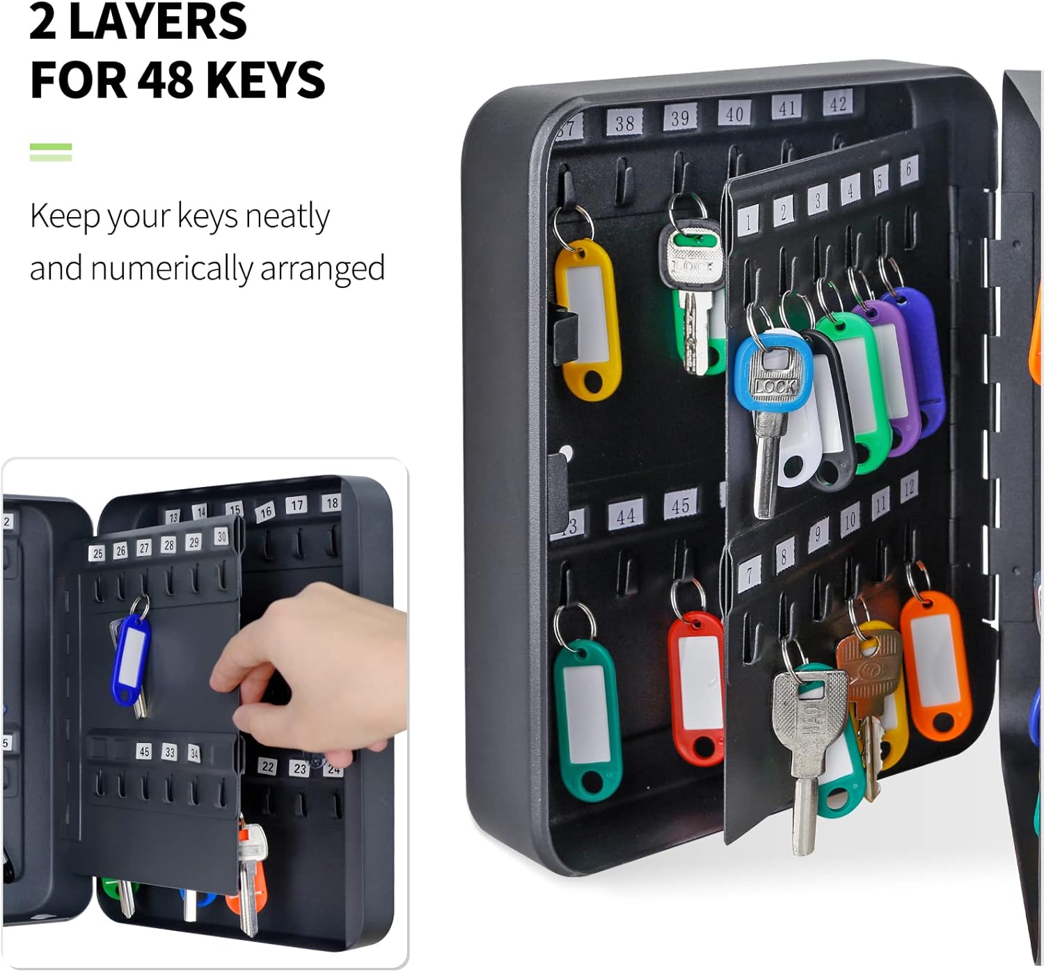 Uniclife 48-Key Steel Key Cabinet with Combination Lock Wall Mounted Key Organizer with Resettable Code Black Digital Security Box with Hooks and Key Tag Labels Identifiers in 9 Assorted Colors