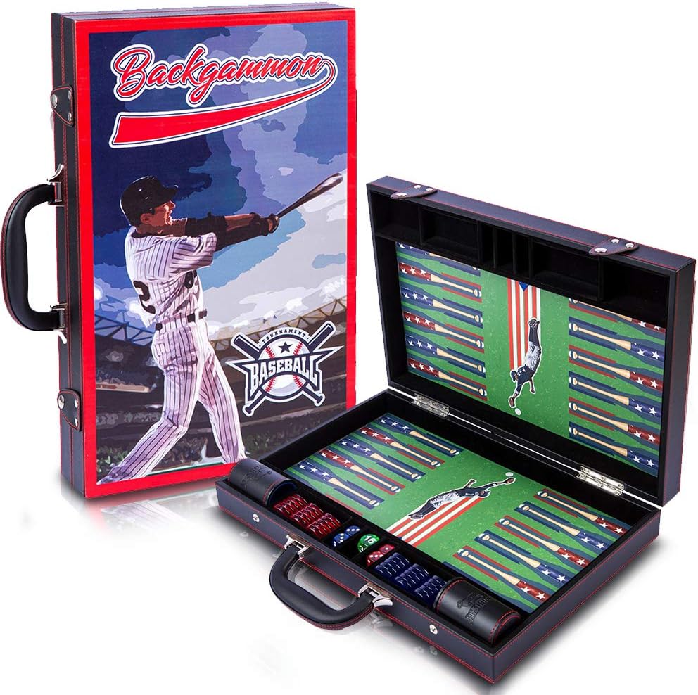 Backgammon Set Board Game - Baseball Themed- Premium Large Size Classic Game – for Kids and Adults, Deluxe PU Leather Pack of 2