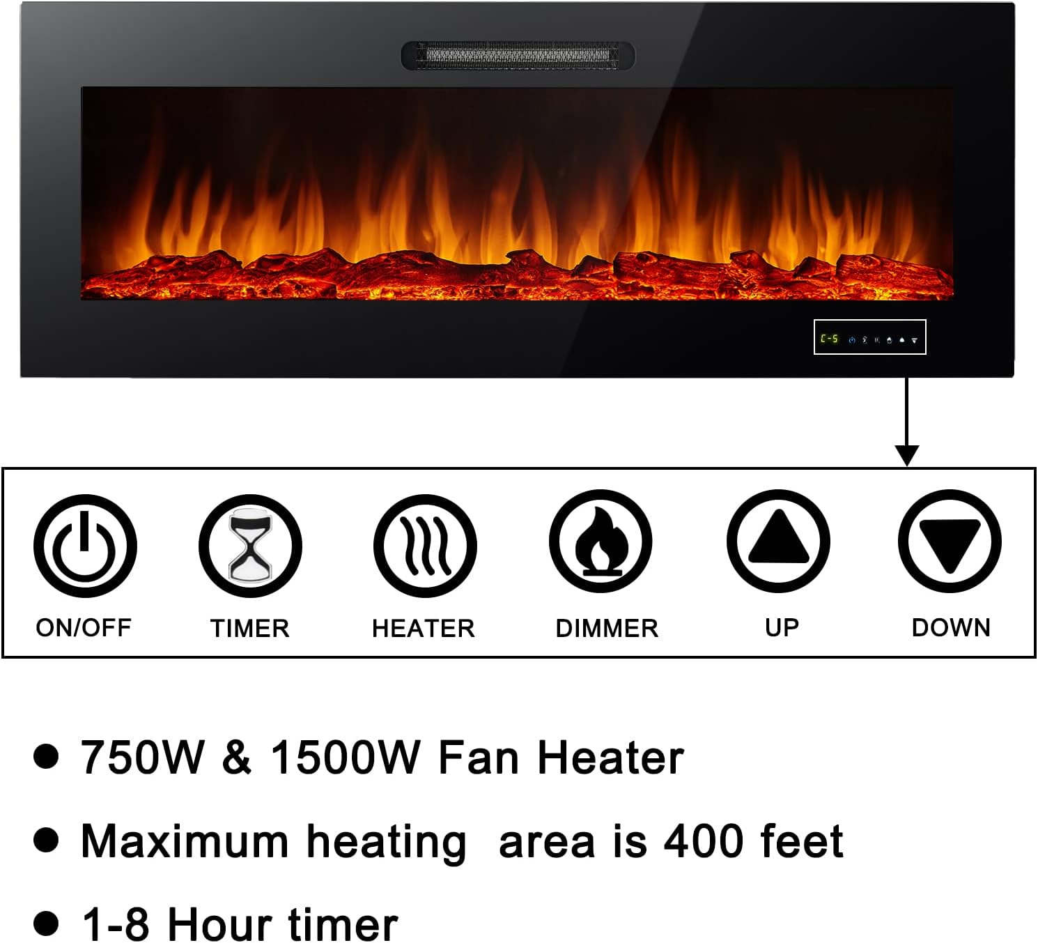 Alpaca 60 inches Home Electric Fireplace Recessed and Wall Mounted Electric Fireplace, Vent on The Top,with Timer,Touch Screen,Adjustable Multicolor Flame Color and Speed,Black