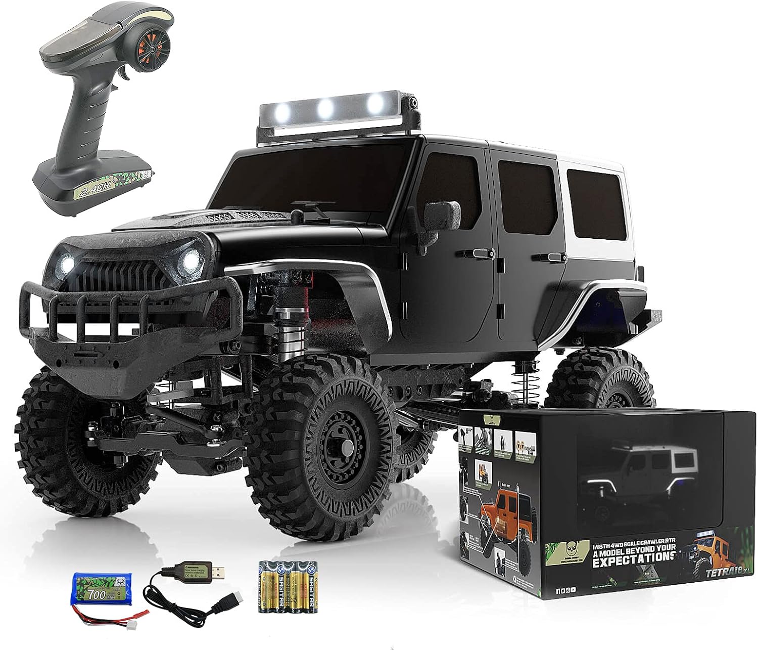 RC Crawler 1/18 4x4 RC Rock Crawler,Panda Hobby 4WD Off Road RC Cars,RTR Remote Control Car,1:18 Scale RC Truck Cruiser Vehicle for Adults, All Terrains Waterproof Hobby RC Model Car,Tetra18 X1,Black