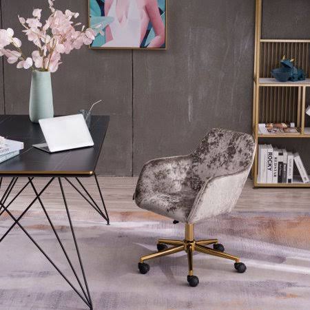 Gray Crush Velvet Fabric Home Office Chair with Gold Metal Legs, Modern Mid-Back Computer Chair on Wheels Stylish Rolling Swivel