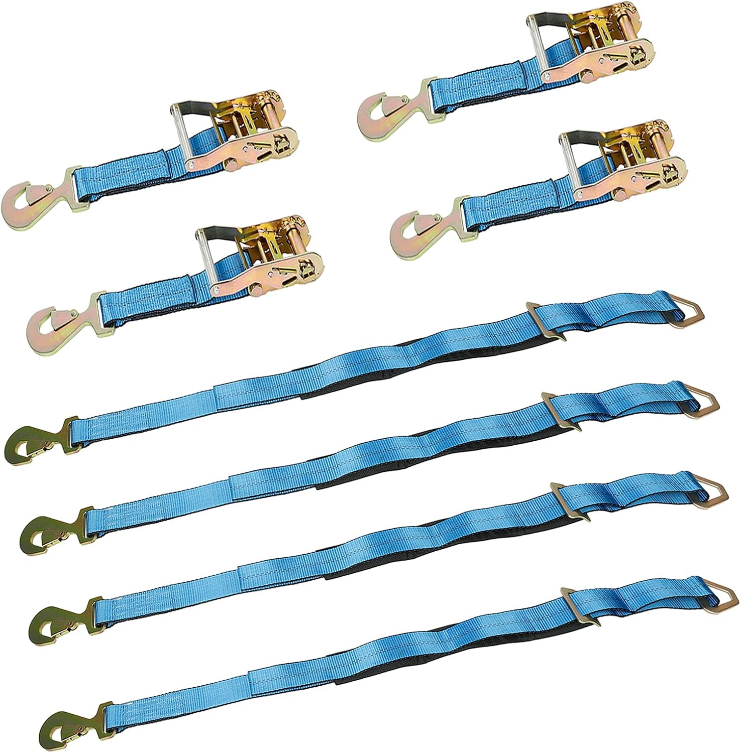 Heavy Duty Ratchet Straps - Pro Set - 4 Pack 8 ft Axle Straps Race Car Trailer Car Hauler Ratchet Tie Down Flatbed Tow Blue for Boat, ATV & Motorcycle Tie Down Straps