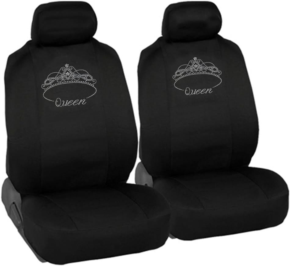 CarsCover Queen Crown Crystal Diamond Bling Rhinestone Studded Car Truck SUV Universal-fit Low Back Seat Covers Driver & Passenger Set