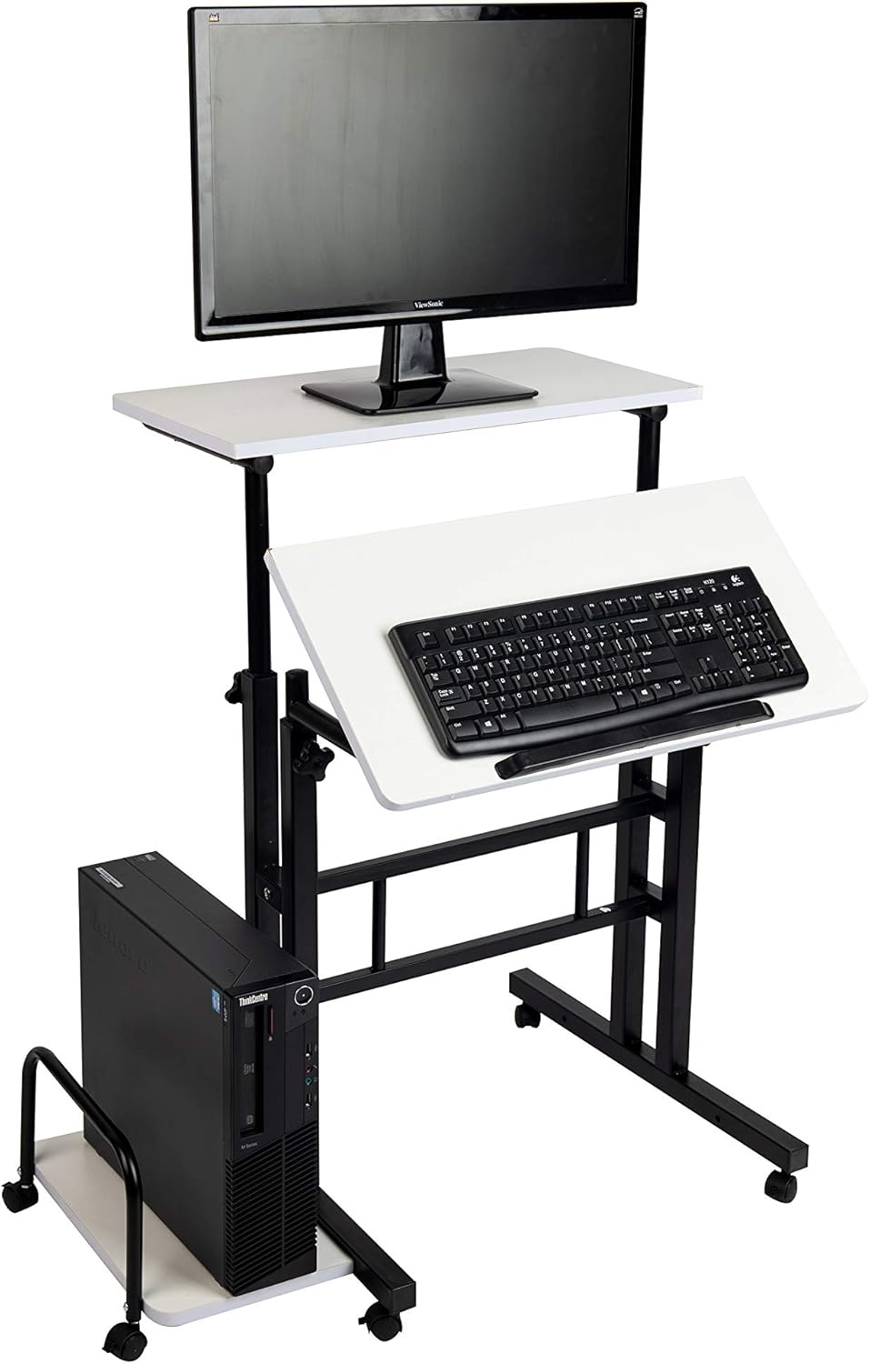 Mind Reader Mobile Sitting Standing Desk Rolling Reversible Home Office Laptop Workstation with Side Storage, Locking Wheels, Large, White/Black