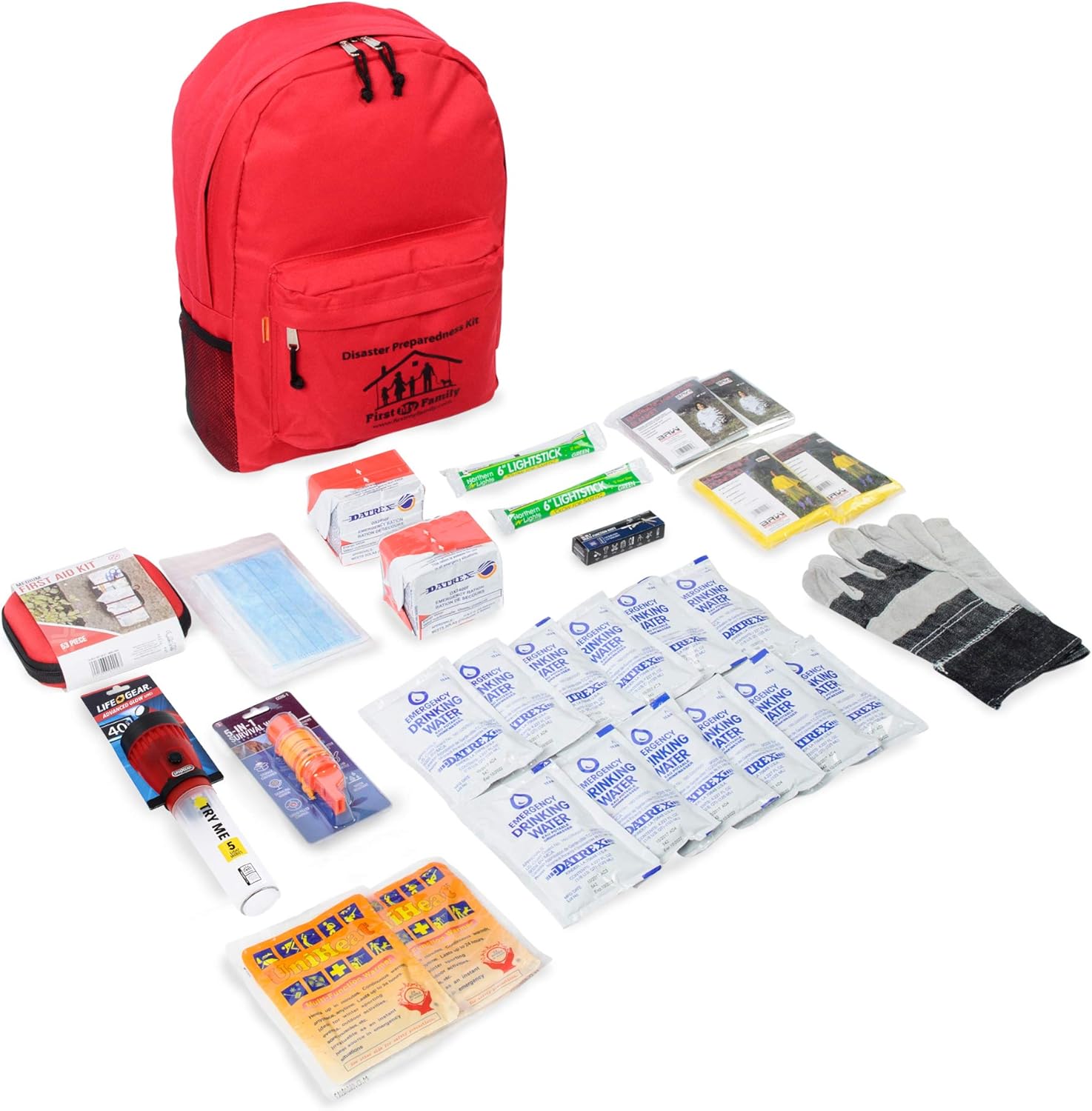 First My Family All-in-One 2 Person, 72 Hour Emergency Survival Kit for Fires, Earthquakes, Hurricanes, Floods, Tsunami and Other Disasters - Premium Red Backpack