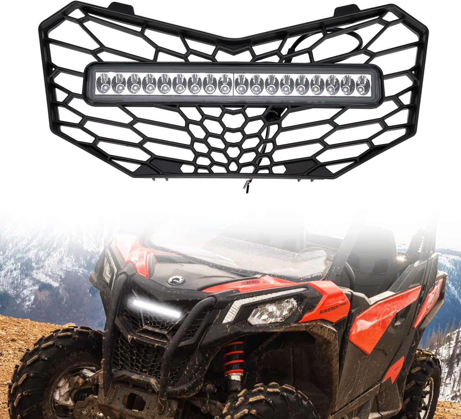 HAKA TOUGH Front Mesh Grille with Light for 2018 2019 2020 2021 Can-Am Maverick Trail Sport Max 1000 800 R ,Grill Custom with LED Backlight Light Bar Accessories