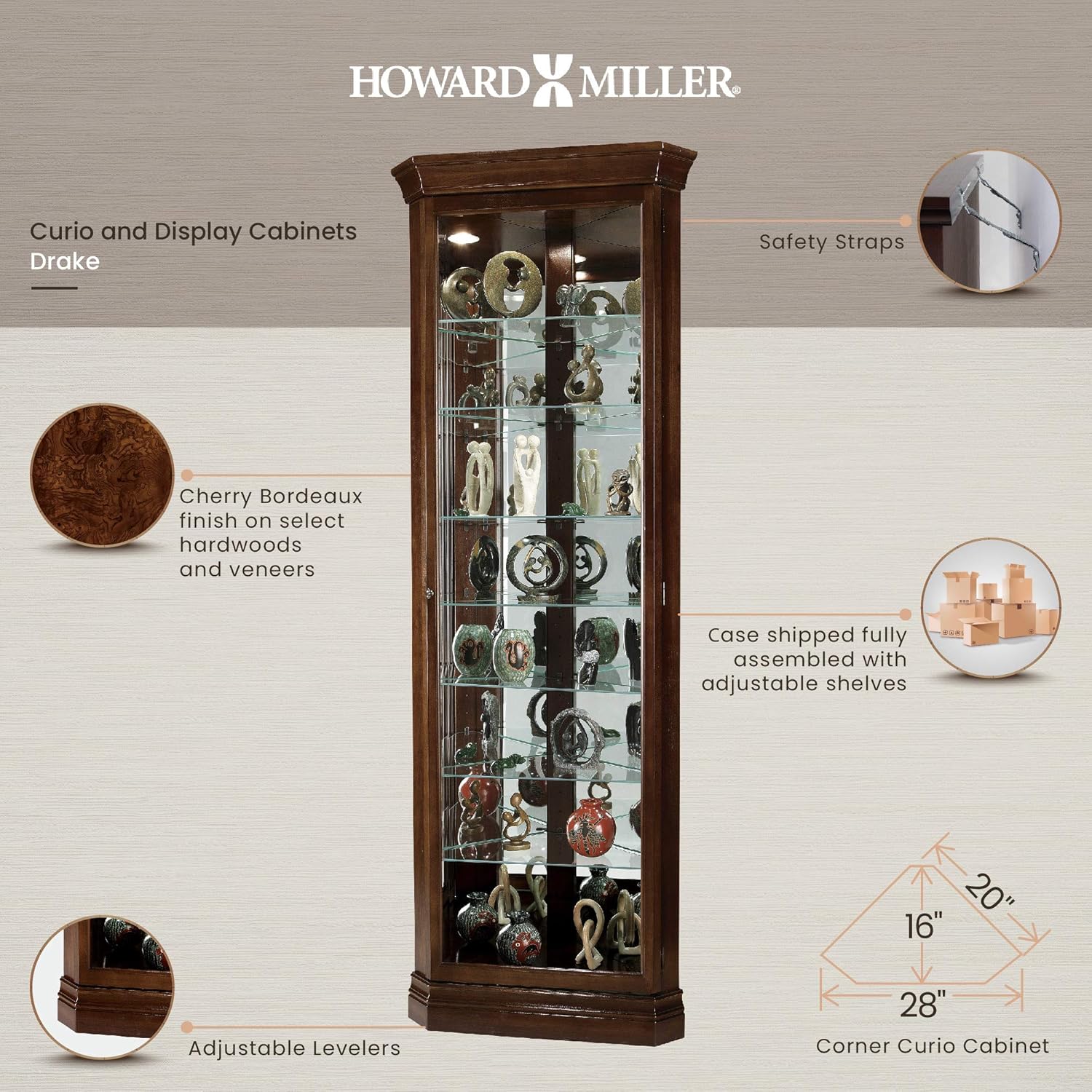 Howard Miller Drake Corner Curio Cabinet 680-483 &ndash; Cherry Bordeaux Finish, Seven Glass Shelves, Eight Level Display Case, Locking Door, No Reach Light