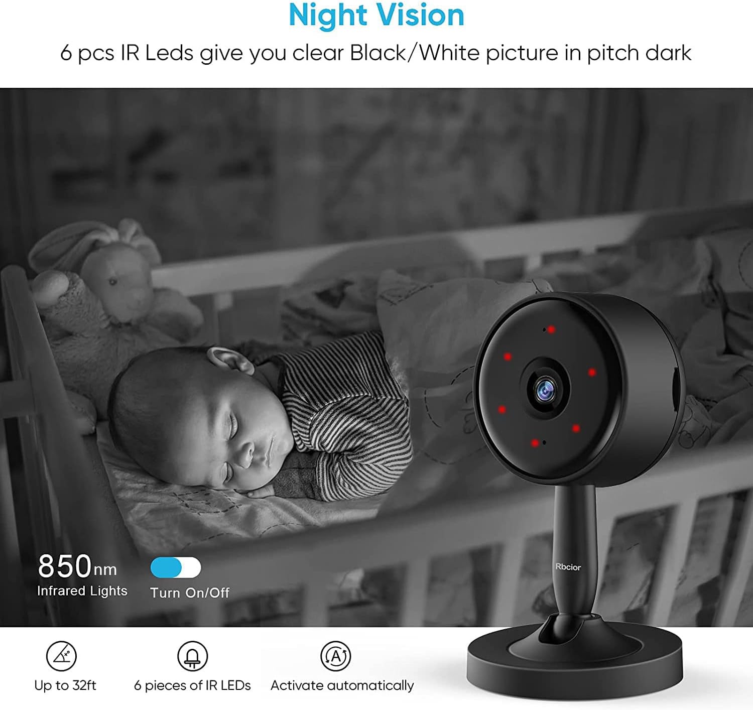 Indoor Security Camera, Rbcior 1080P HD Home WiFi Camer Baby Monitor with Motion Detection, 2-Way Audio, Night Vision for Pet/Baby/Elder Monitor, Works with Alexa Pack of 2