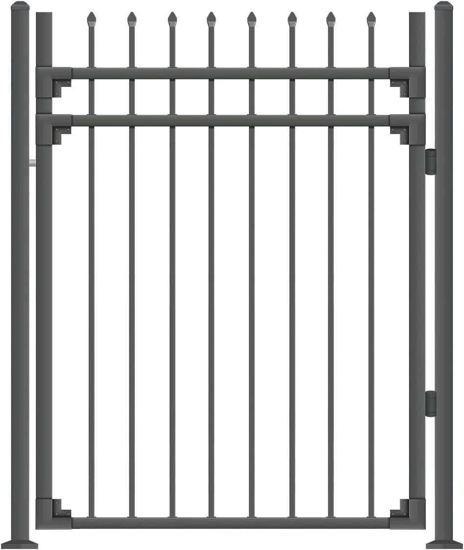 FENCESMART4U XCEL - Black Steel Anti-Rust Fence Gate - Sharp End Pickets - 4ft W x 5ft H - Easy Installation Kit, for Residential, Outdoor, Yard, Patio, Entry Way, 3-Rail Metal Gate