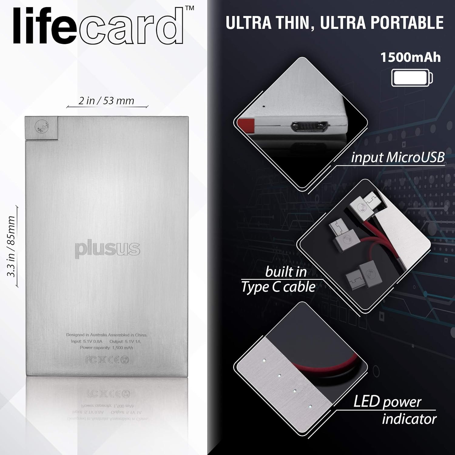 PlusUs LifeCard World's Thinnest Power Bank - Card Size, Fits Like a Card, Built-in MFI Lightning Cable Pack of 2