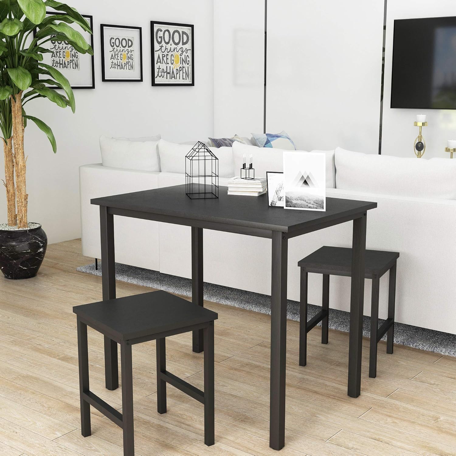 LinkRomat 3 Pieces Dining Set Table with 2 stools, Kitchen Dining Room Furniture for 2, Modern Style Compact Metal Frame Breakfast Nook Home (Beige)