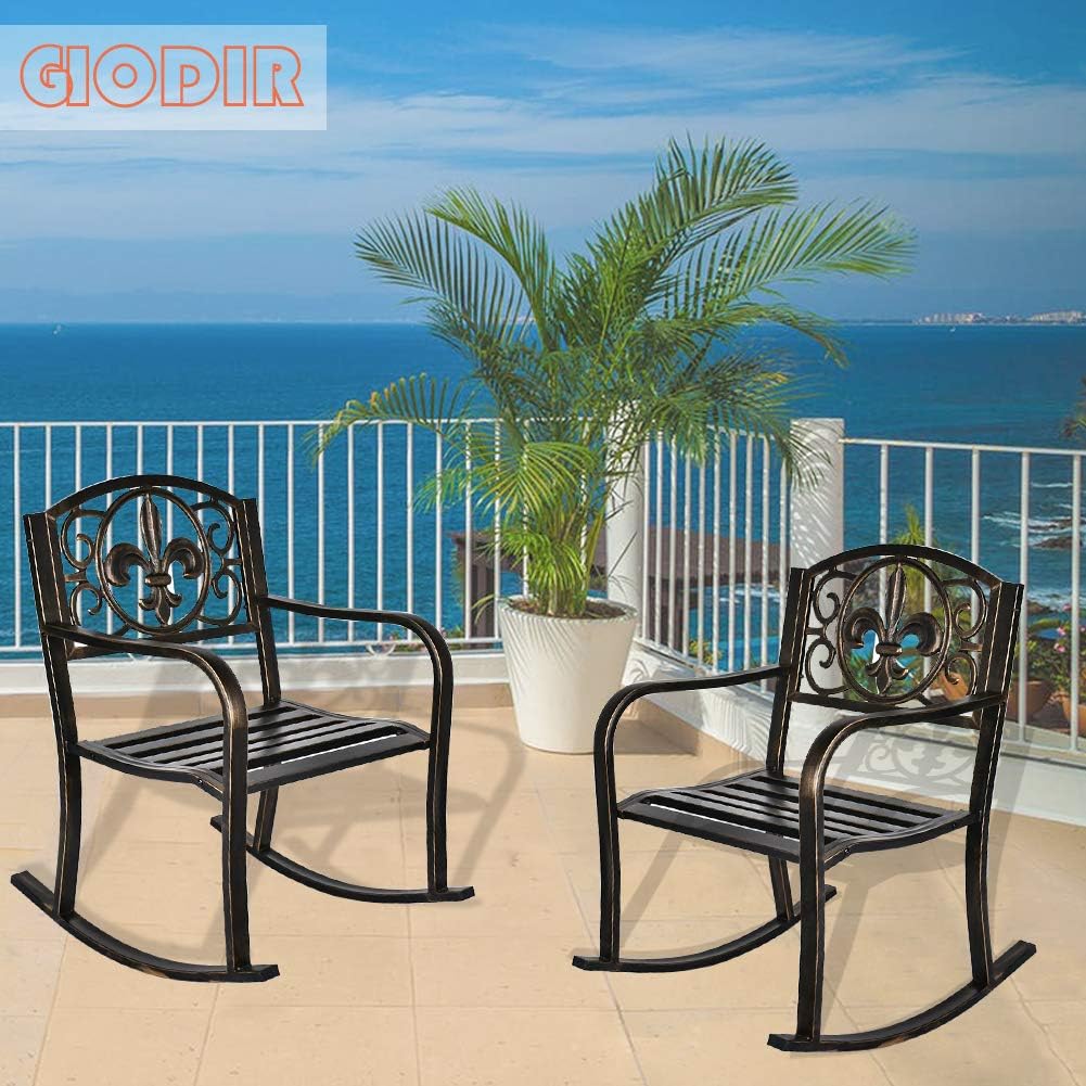Diaotec GIODIR Outdoor Patio Rocking Chair, Metal Rocking seat for for Deck, Backyard or Garden w/Scroll Design (Bronze)