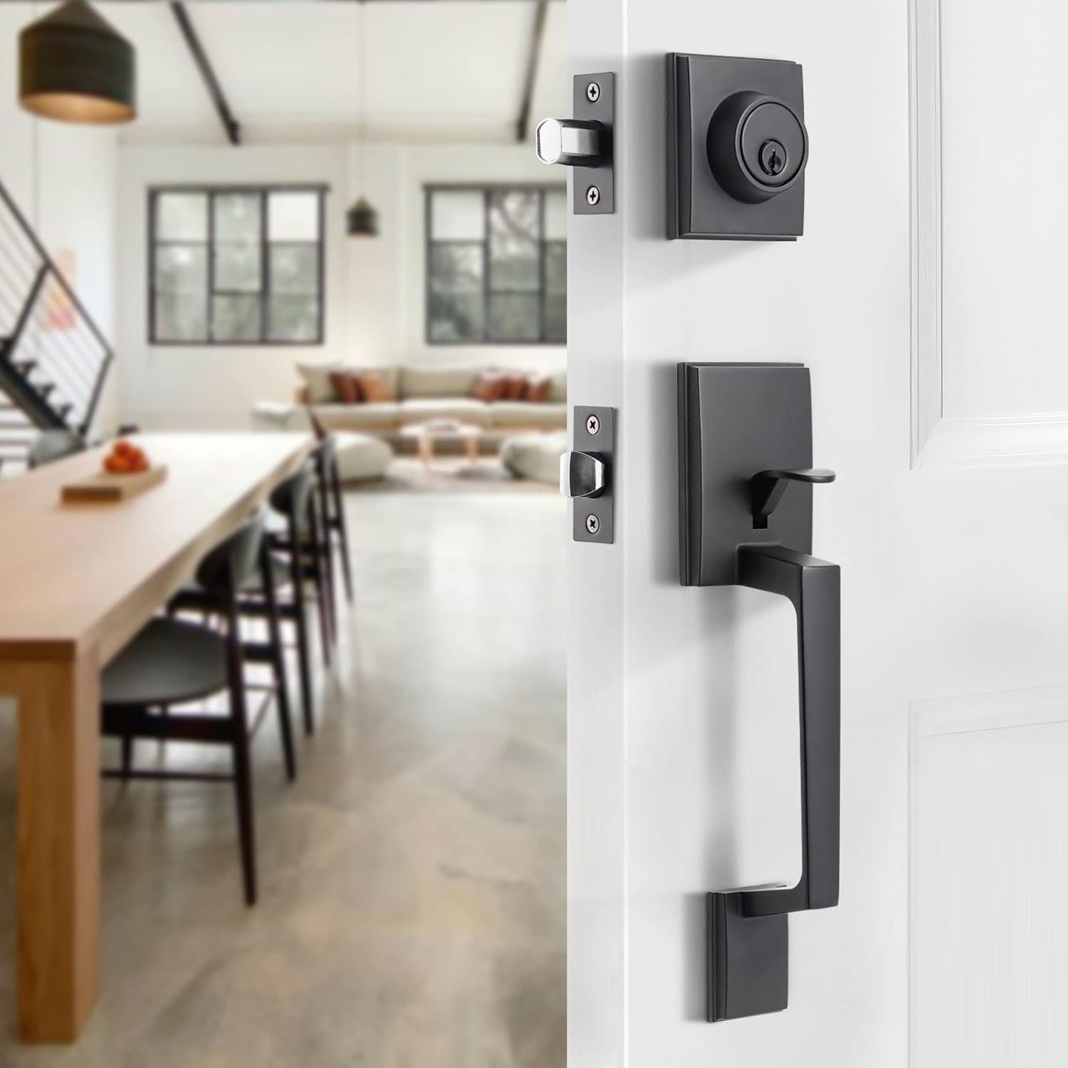 Natsukage Front Door Handle Set Heavy Duty Double Door Lock Set Matte Black Double Door Handle Set with Dummy, with Single Cylinder Deadbolt and Lever Handle, Reversible for Right & Left Handed Doors