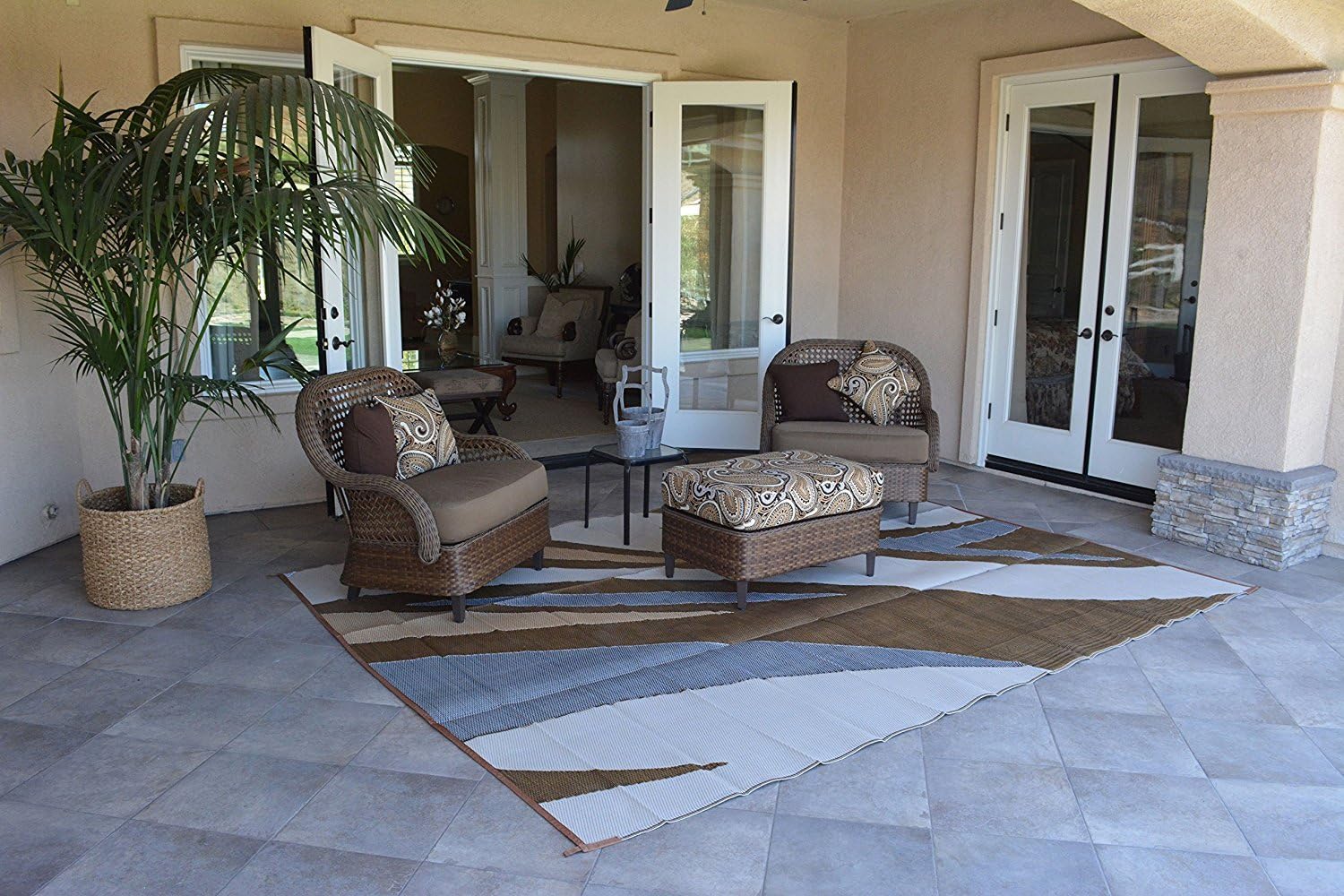 Professional EZ Travel Collection Reversible RV Outdoor Rug for Backyards, Beaches, Camping Grounds, Patios, and More, Storage Bag and Mat Stakes Included, Beige (9x12)